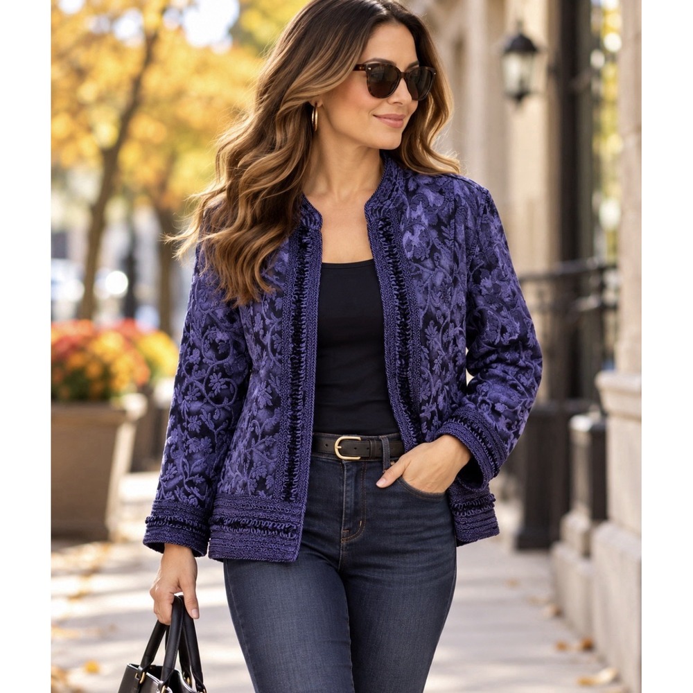 Coldwater Creek Purple Floral Brocade Open Front Jacket Women's Large Vintage